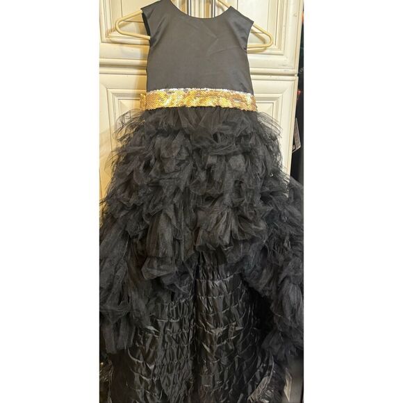 Custom Made Girl's Sequined Waist & Bow Hi-Low Hem Dress Gown Black Gold Small - Picture 9 of 16